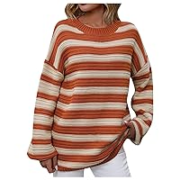 Women's Oversized Sweater Pullovers Stripes Crewneck Long Knit Tunic Tops 2023 Fall Winter Casual Loose Jumper Top