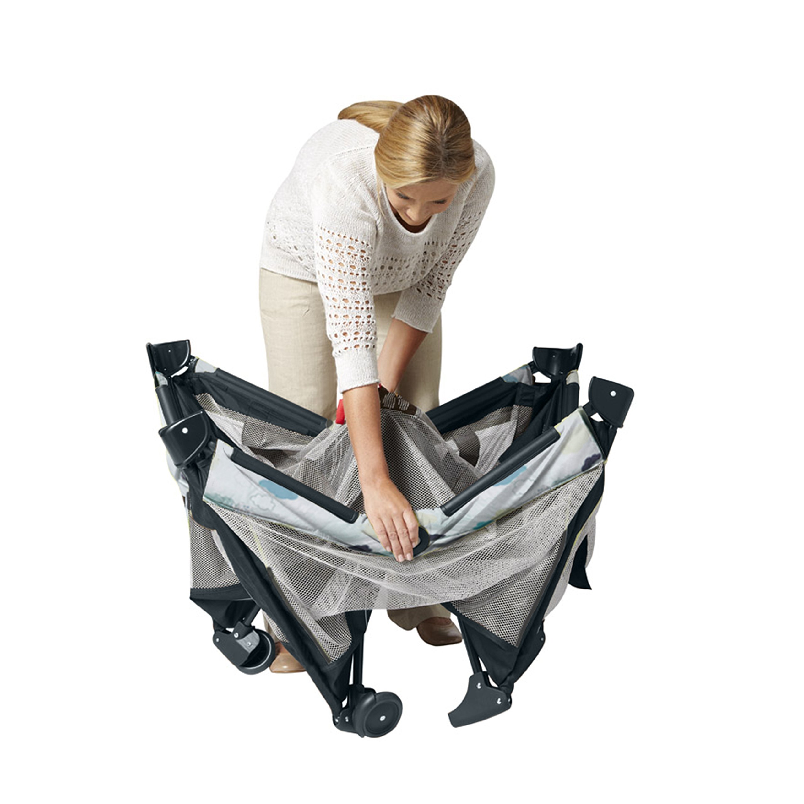 Graco Pack and Play On the Go Playard | Includes Full-Size Infant Bassinet, Push Button Compact Fold, Stratus , 39.5x28.25x29 Inch (Pack of 1)
