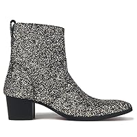 OSSTONE Dress Boot For Men Leather Glitter Chukka Designer Boots Casual Heel Shoes Zipper-up