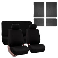 FH Group Flat Cloth Car Seat Covers Full Set with Non-Slip Carpet Floor Mats with Heel Pad – Universal Fit for Cars Trucks & SUVs (Black) FB050112 + F14403