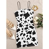 Women Dresses Cow Print Slip Dress (Color : Black and White, Size : Medium)