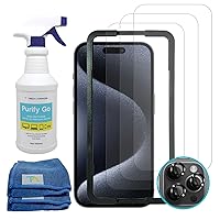 Complete Protection for Apple iPhone 15 Pro Max 6.7 Inch- Premium Ballistic Glass Screen Protector (3 Pack), Camera Lens Protectors and Screen Cleaner Spray [16 Oz] with Microfiber Cloths