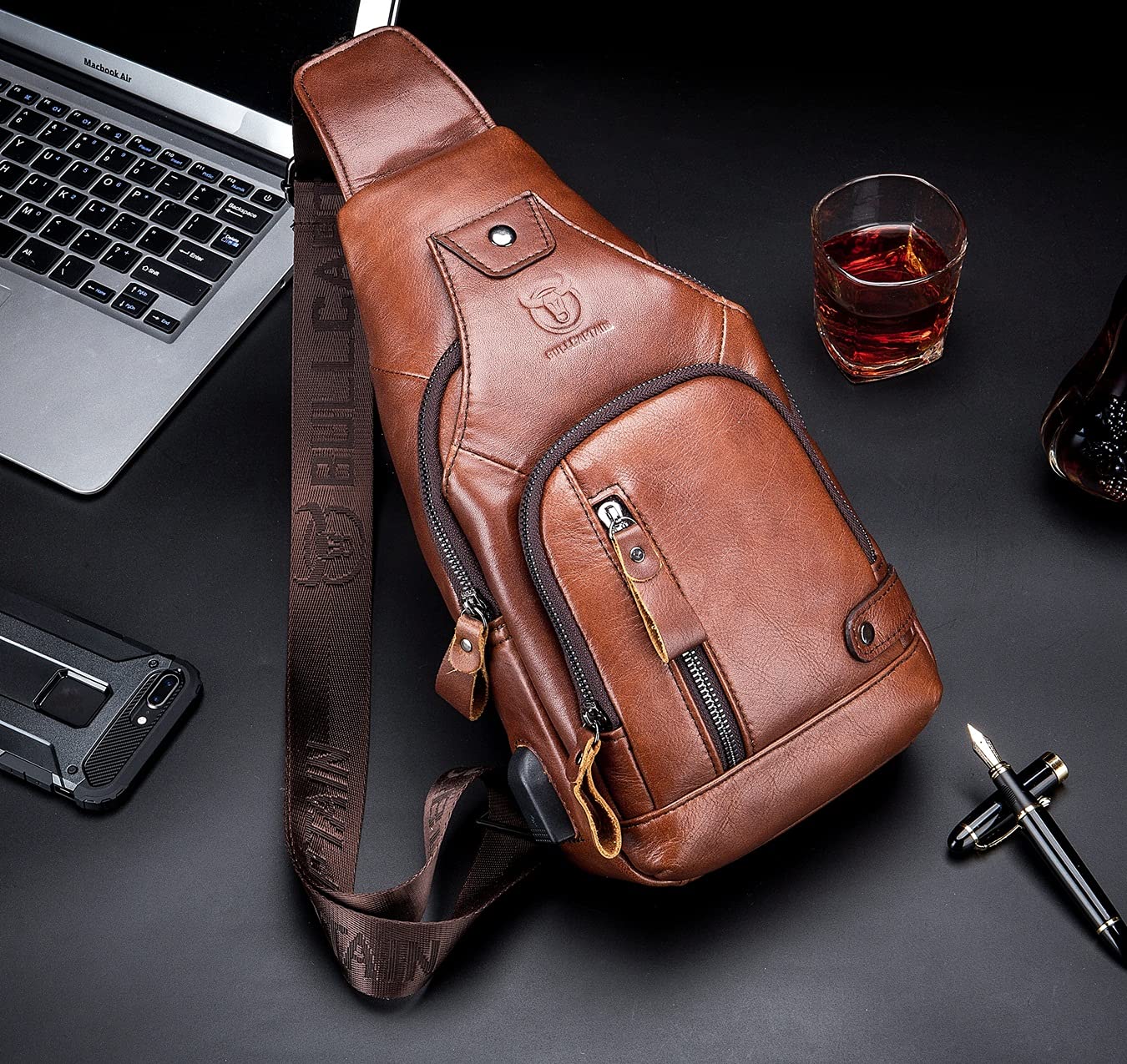 BULLCAPTAIN Men Crossbody Bag with USB Charging Port Genuine Leather Shoulder Sling Chest Bag Travel Hiking Backpack (Brown)