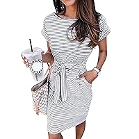 PRETTYGARDEN Womens Short Sleeve Crewneck Striped Basic Solid Tie Waist Office T Shirt Dress