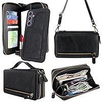 Harryshell Compatible with Samsung Galaxy S23 FE Case Wallet Multi Zipper Detachable Removable Cover Purse with Cash Coin Pocket Card Slots Mirror Crossbody Wrist Strap (Black)
