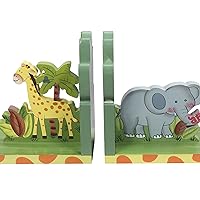Fantasy Fields - Sunny Safari Animals Thematic Set of 2 Sturdy Wooden Bookends for Kids - Non-Toxic, Water-Based Paint, Giraffe and Elephant, Blue