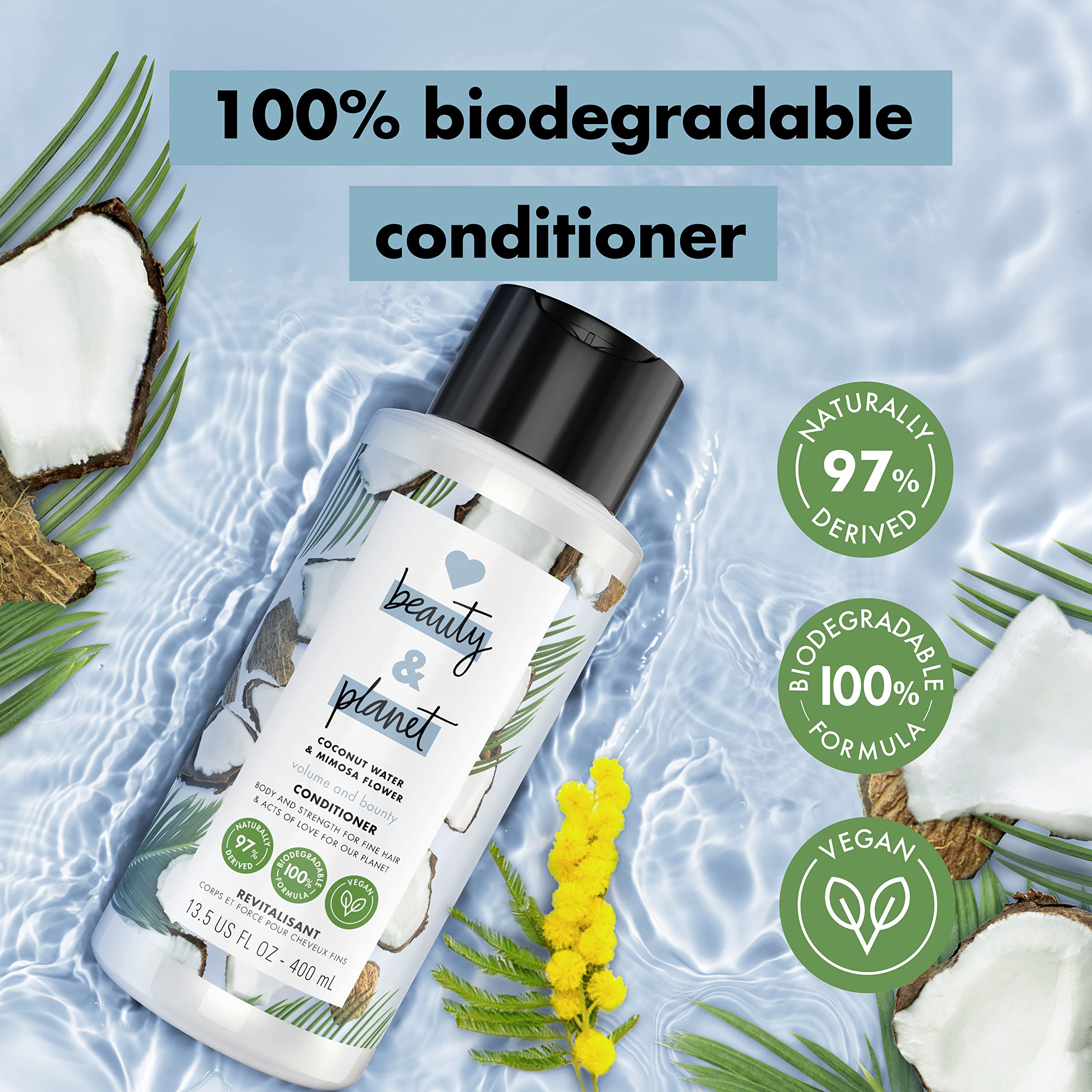Love Beauty and Planet Volume & Bounty 100% Biodegradable Conditioner For Thin and Fine Hair Care Coconut Water & Mimosa Flower Volumizing Conditioner 0% Silicones, Parabens, and Dyes 13.5 oz