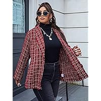OVEXA Women's Large Size Fashion Casual Winte Plus Plaid Pattern Shawl Collar Overcoat Leisure Comfortable Fashion Special Novelty (Color : Burgundy, Size : X-Large)