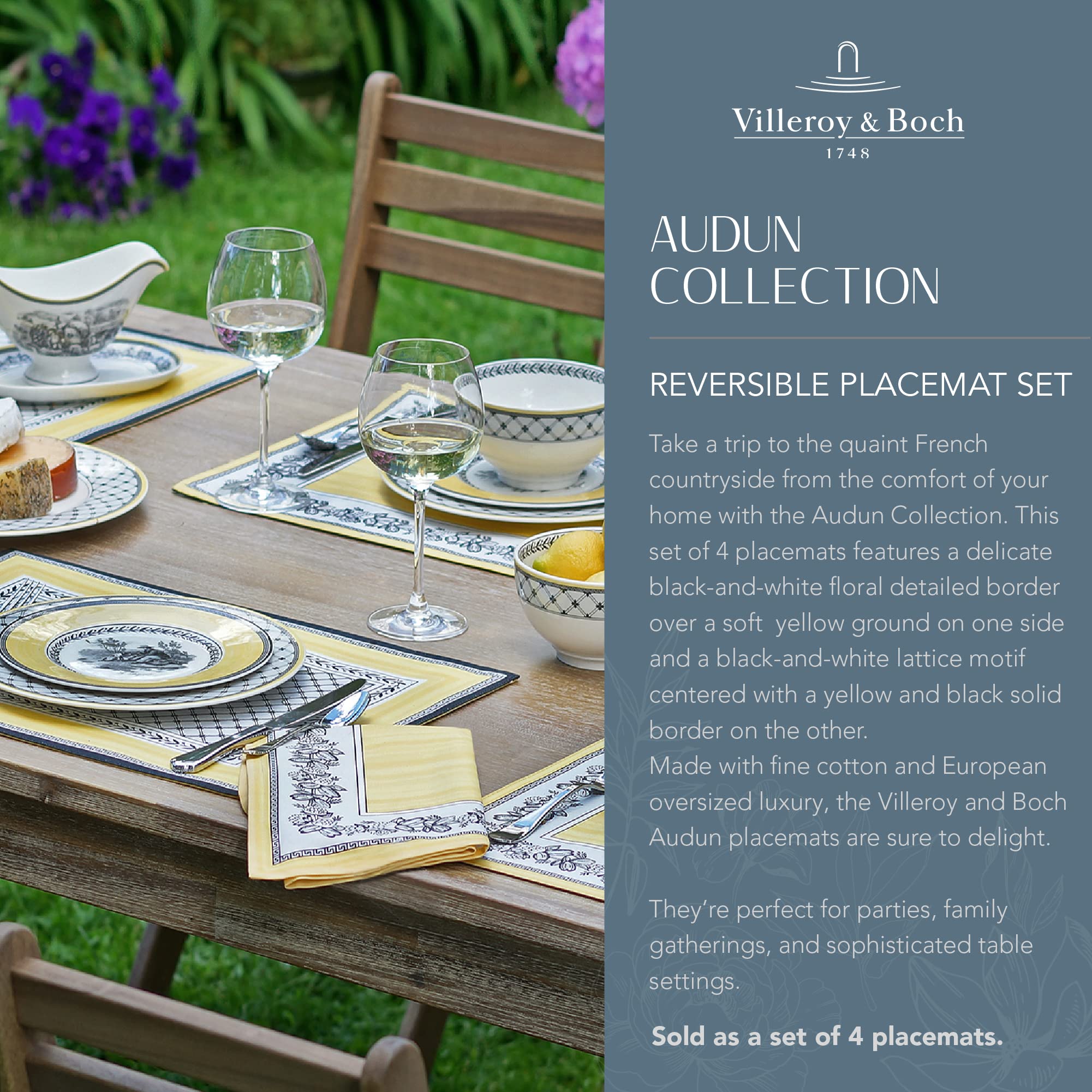 Villeroy and Boch Audun Reversible Patterned Cotton Fabric Placemats, 14 Inches by 20 Inches, Set of 4