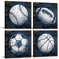 KLVOS Navy Blue Sports Wall Art Décor Basketball Baseball Soccer Football Canvas Art Prints Sport Balls Picture for Man Cave Kids Teenagers Boy Room Decor 12x12inchx4 Piece