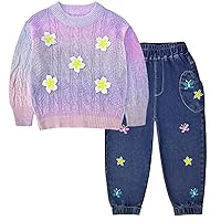 Peacolate 2-7Years Little Girls Spring Autumn 2pcs Clothing Set Long Sleeve Gradient Colour Sweater and Embroider Butterfly Flower Jeans(Purple,6-7Years)