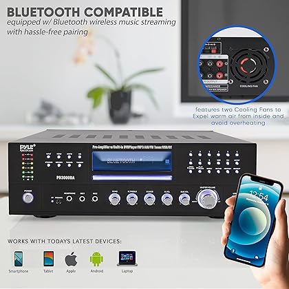 Pyle 4 Channel Wireless Bluetooth Amplifier - 3000 Watt Stereo Speaker Home Audio Receiver w/ FM Radio, USB, 2 Microphone w/ Echo for Karaoke, Front Loading CD DVD Player, LED, Rack Mount - PD3000BA