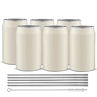 JoyJolt Metal Beer Can Tumbler with Straws and Brush. Unbreakable Metal Drinking Cup Set of 6 Metal Tumblers. Stainless Steel Tumbler Can Shaped Glass Cups, Soda Can Glasses for Water, Wine etc