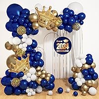 145Pcs Royal Blue and Gold Balloons, Graduation Decorations Class of 2024 Navy Blue Balloon Garland Kit Gold White Confetti Foil Crown for College Baby Shower Birthday Gender Reveal Wedding Party