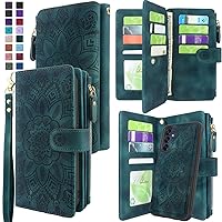 Harryshell Detachable Magnetic Zipper Wallet Leather Case with Cash Coin Pocket Multi Card Slots Holder Wrist Strap Lanyard for Samsung Galaxy A15 5G (2024) (Flower Teal)