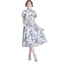 LAI MENG FIVE CATS Women's Long Sleeve Floral Print Button up Casual A-line Flowy Midi Dress