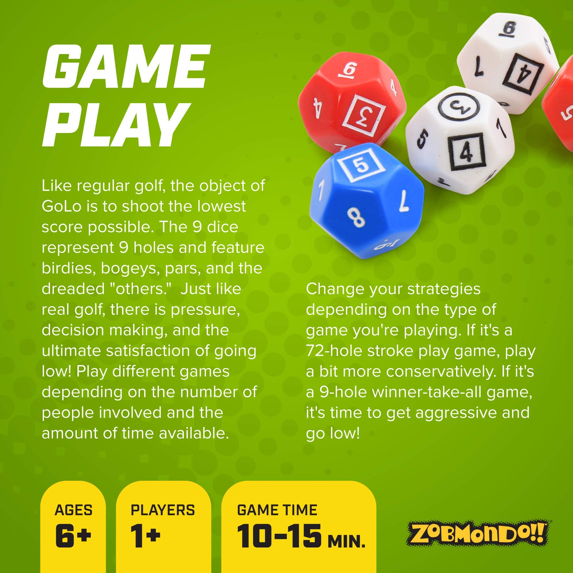 Zobmondo!! GoLo! Golf Dice Game for Families and Kids, Award-Winning Fun Game for Home or Travel, Quick to Learn, For 1+ Players, Ages 6 and Up