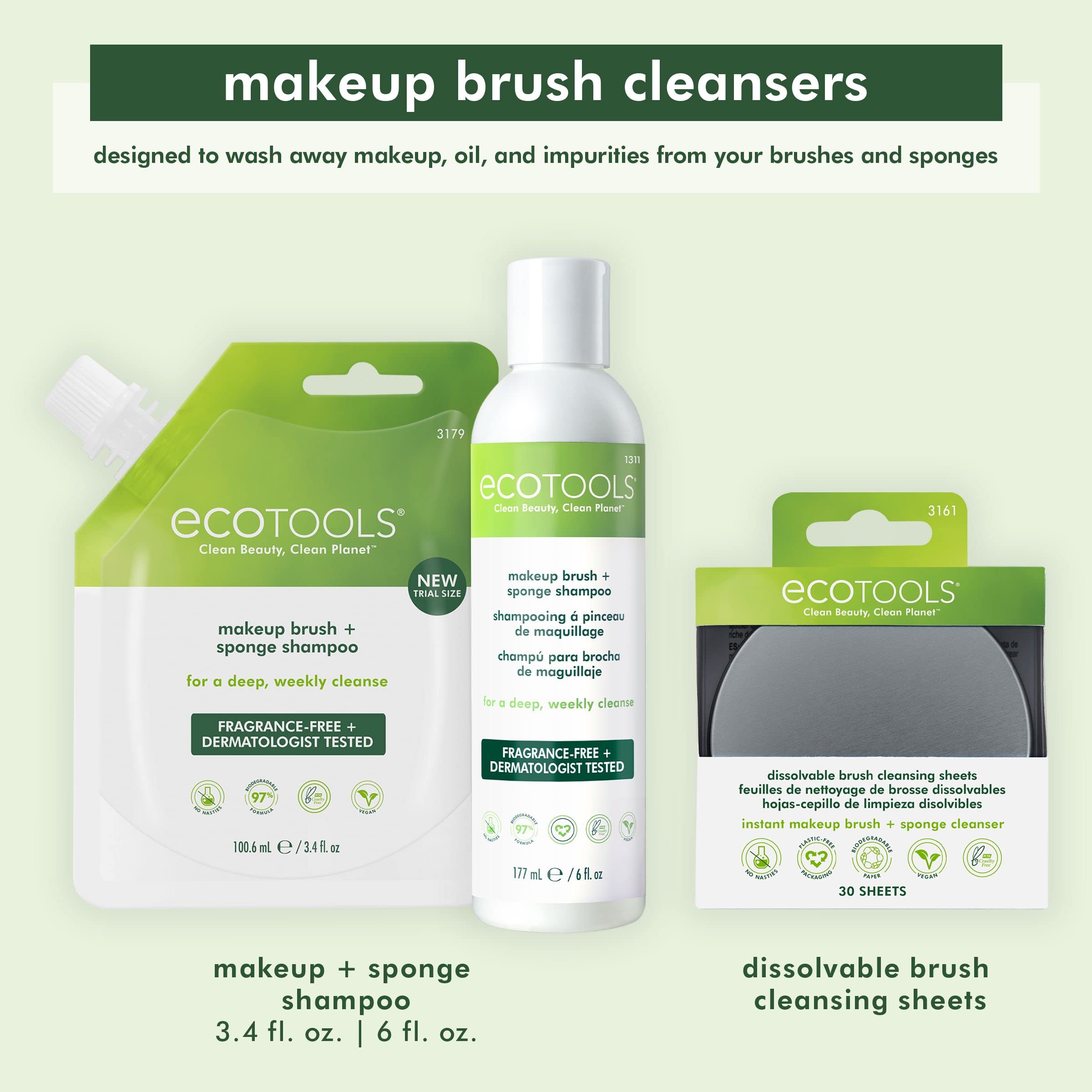 EcoTools Makeup Brush and Sponge Shampoo, Removes Makeup, Dirt, & Impurities From Makeup Brushes & Sponges, Fragrance-Free, Vegan, & Cruelty-Free, 6 fl.oz./ 177 ml, Packaging May Vary, 2 Count