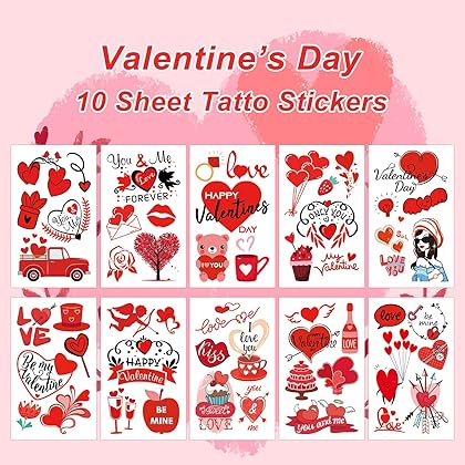 50+ Pieces Valentine Tattoos Temporary for Girls Women Kids, 10 Sheets Love Cupid Heart Romantic Valentine’s Designs Couple Fake Temporary Tattoo Stickers for Valentine's Day Wedding Lover Party Decorations Supplies