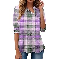 Womens Long Sleeve Tops Casual V Neck Button Henley T-Shirt Loose Trendy Print Tees Blouses Sexy Daily Tunic Top