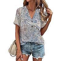Button Down Shirt for Women 2024 V-Neck Short Sleeve Y2K Plus Size Elegant Printed Summer Blouses