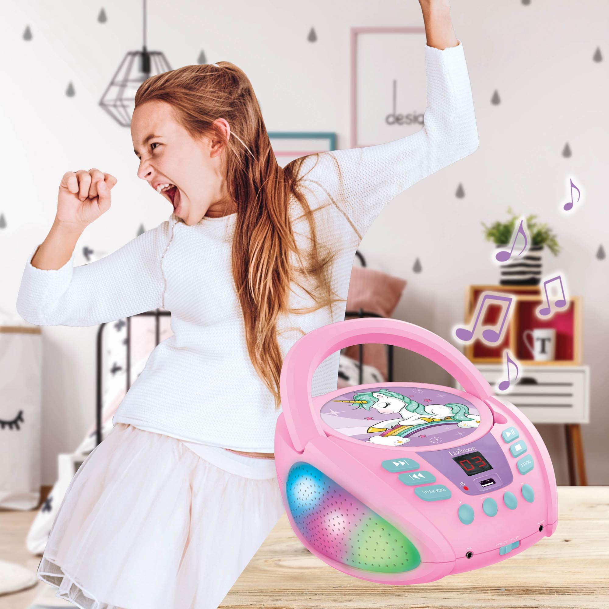 Lexibook Unicorn - Bluetooth CD Player for Kids – Portable, Multicoloured Light Effects, Microphone Jack, Aux-in Jack, AC or Battery-Operated, Girls, Boys, Pink, RCD109UNI
