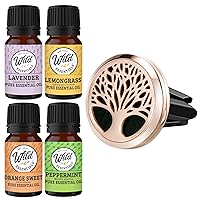 Wild Essentials Rose Gold Tree of Life Essential Oil Car Vent Diffuser Kit with Lavender, Lemongrass, Peppermint, Orange Oils, Stainless Steel Locket, 8 Refill Pads, Customizable Color Changing