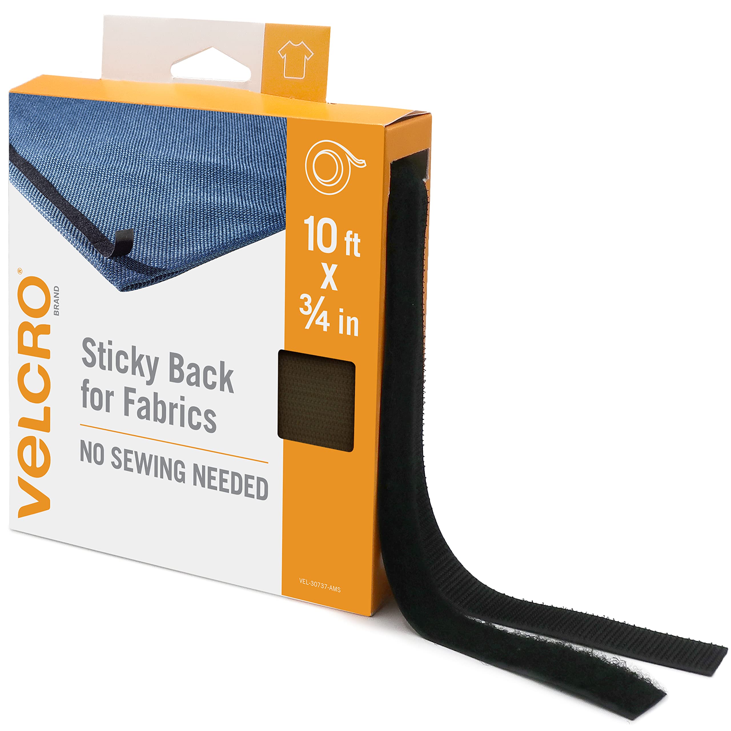 VELCRO Brand Sticky Back for Fabrics, 10 Ft Bulk Roll No Sew Tape with Adhesive, Cut Strips to Length Peel and Stick Bond to Clothing for Hemming Replace Zippers and Snaps, Black