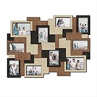 Abstract Wooden Picture Frame Collage 10 Photo Openings 3D Effect Layered Pixelated Design Multiple Colors Home Decor Photo Gallery for Wall (Natural-Dark-Medium)