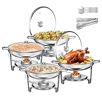 5QT Chafing Dish Buffet Set 4 Pack, Round Chafing Dishes for Buffet with Glass Lid & Lid Holder, Serving Utensils, Stainless Steel Chafers for Catering for Dinner, Parties, Wedding, Camping