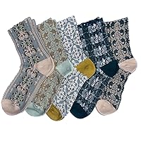 5 Pairs Floral Socks Women Nordic Stripe Textured Flower Cotton Socks, Girls Vintage Cute Flower Sweet Socks