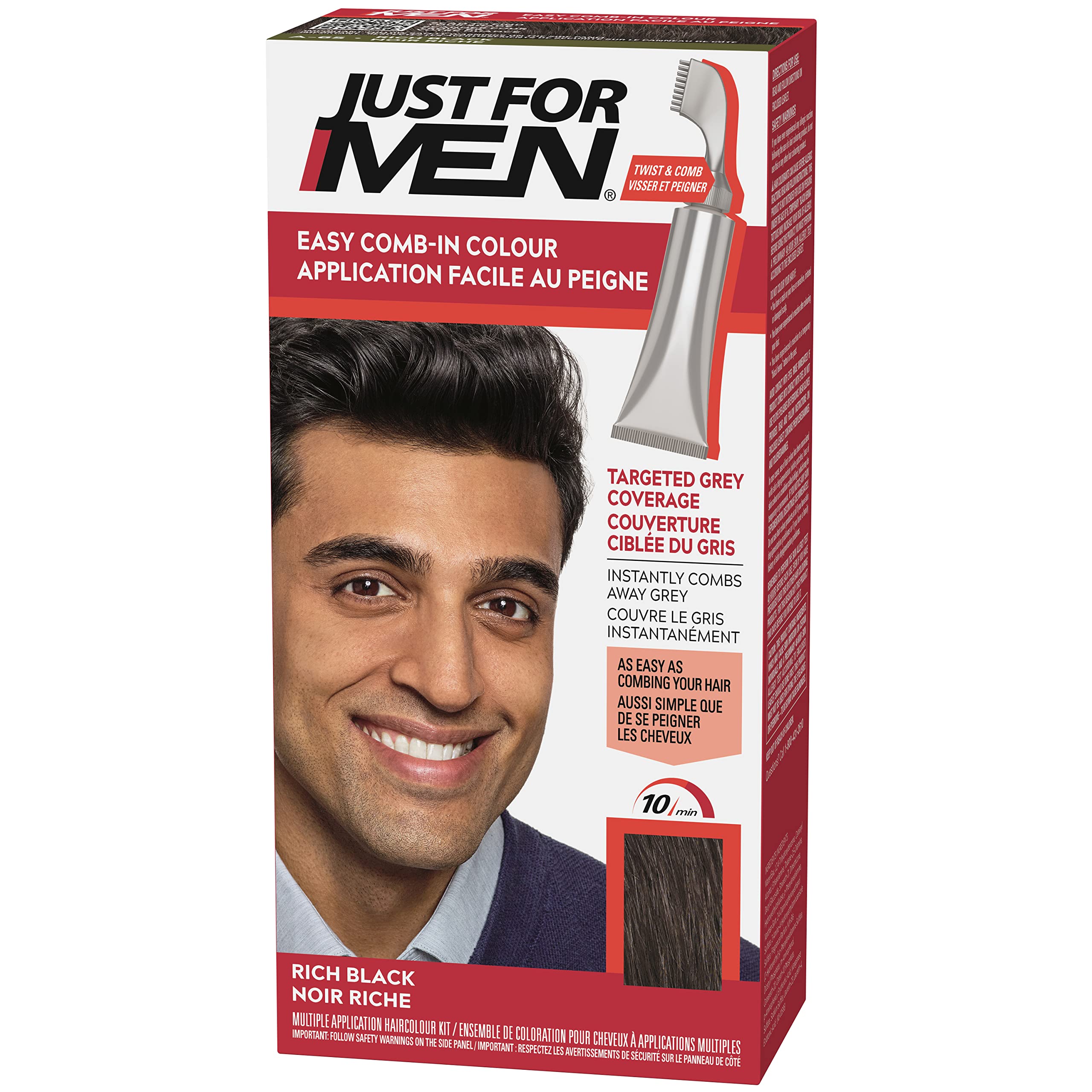 Just For Men Easy Comb-In Color Mens Hair Dye, Easy No Mix Application with Comb Applicator - Rich Black, A-65, Pack of 1
