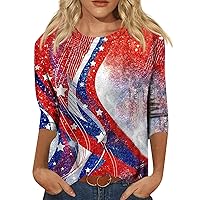Fourth of July Outfit,3/4 Sleeve Shirts Independence Day Print Graphic Tees Casual Blouses Plus Size Basic Tops