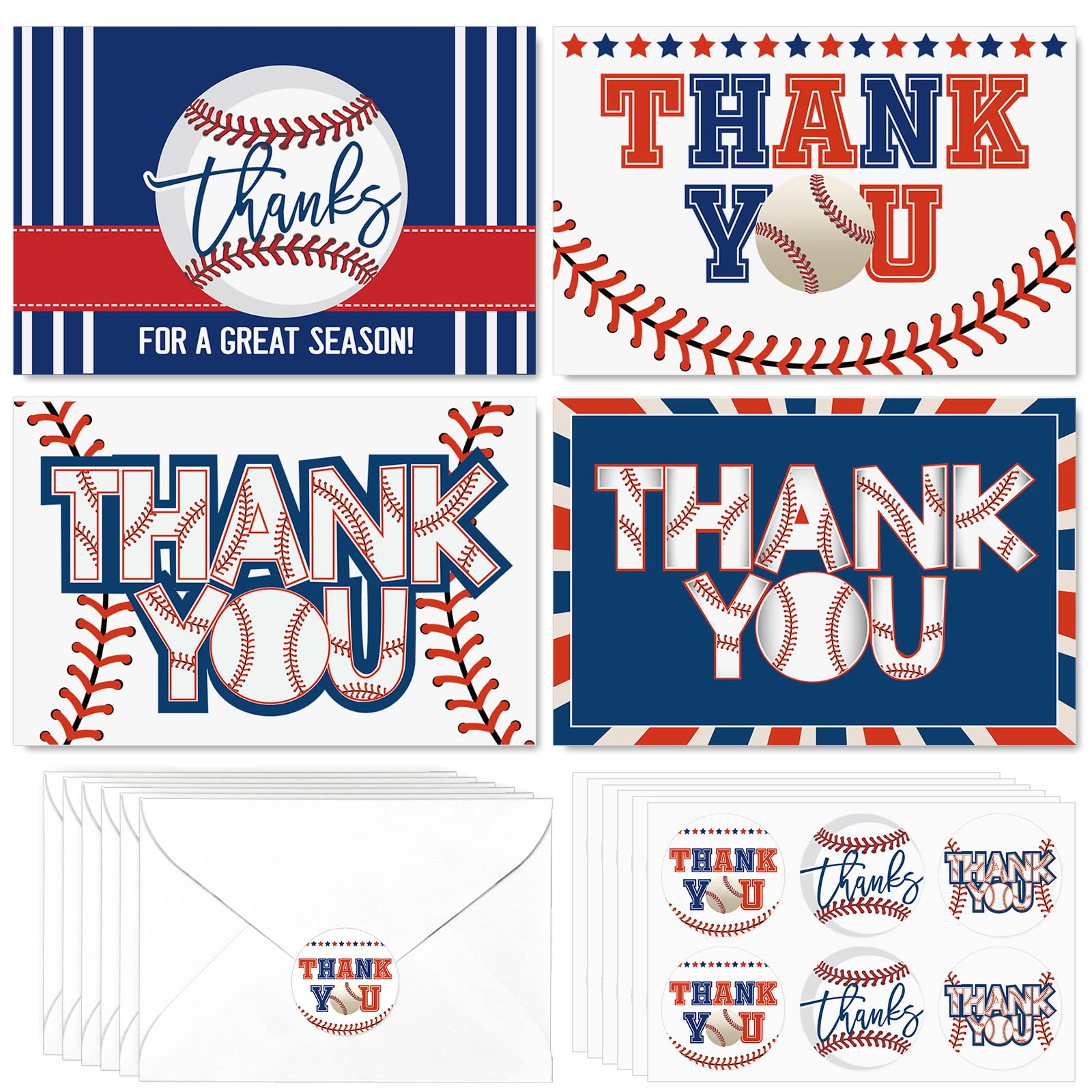 AnyDesign 32 Pack Baseball Thank You Cards with Envelopes Stickers 4 Design Baseball Blank Note Cards Thank You Couch Cards for Birthday Baseball Season Games Supplies, 4 x 6 Inch