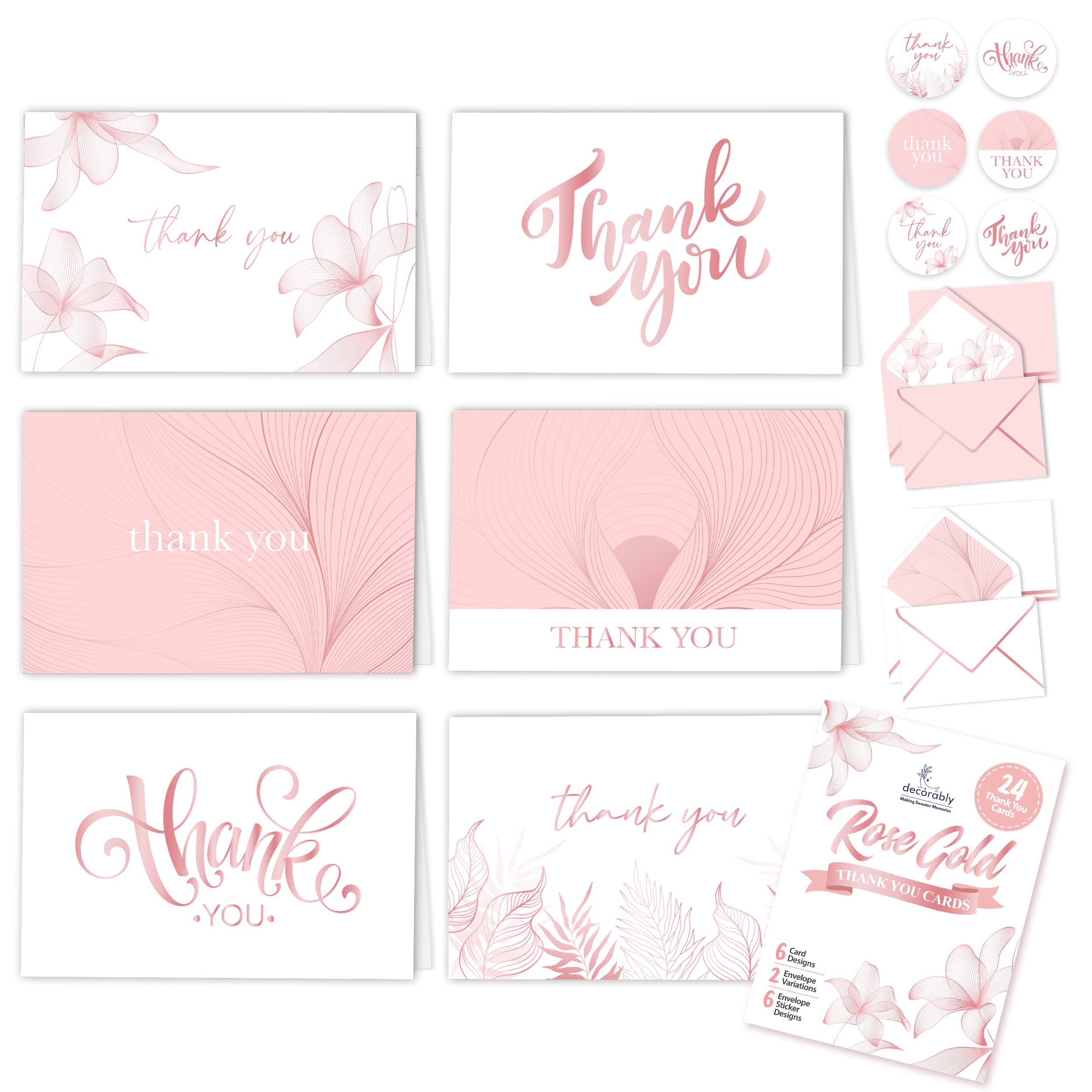 24 Rose Gold-Foiled Pink Thank You Cards with Envelopes - 6x4in Rose Gold Thank You Cards with Envelopes Pink, 6 Designs Pink Baby Shower Thank You Cards Girl, Girl Baby Shower Thank You Cards Pink