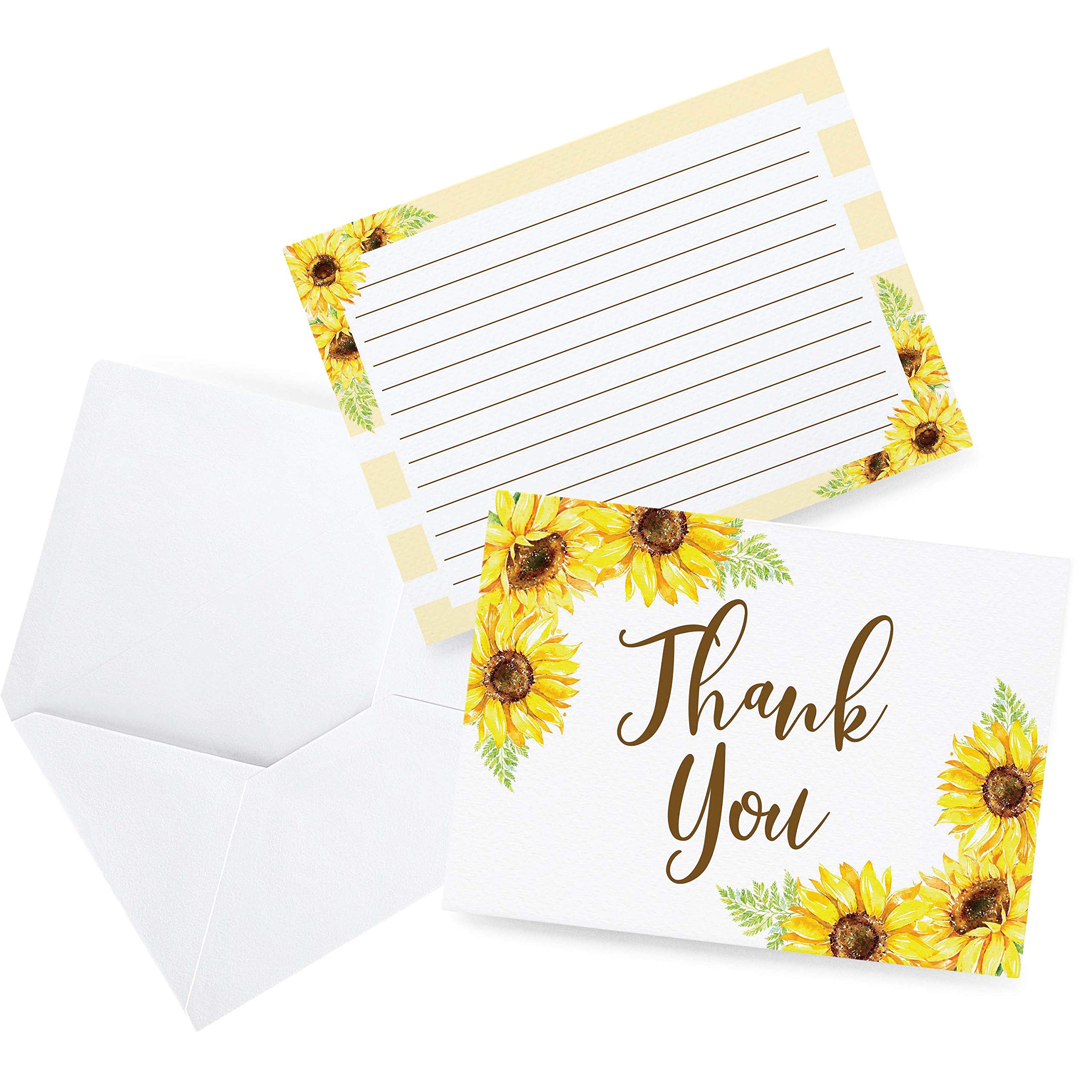 Sunflower Thank You Cards, Great For Baby Wedding Bridal Shower, Birthday, Baptism, Any Occasion, 50 Thank You Cards