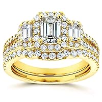 Kobelli Emerald Cut Diamond 3-Stone Halo Wedding Set 1 1/2 CTW in 14k Yellow Gold