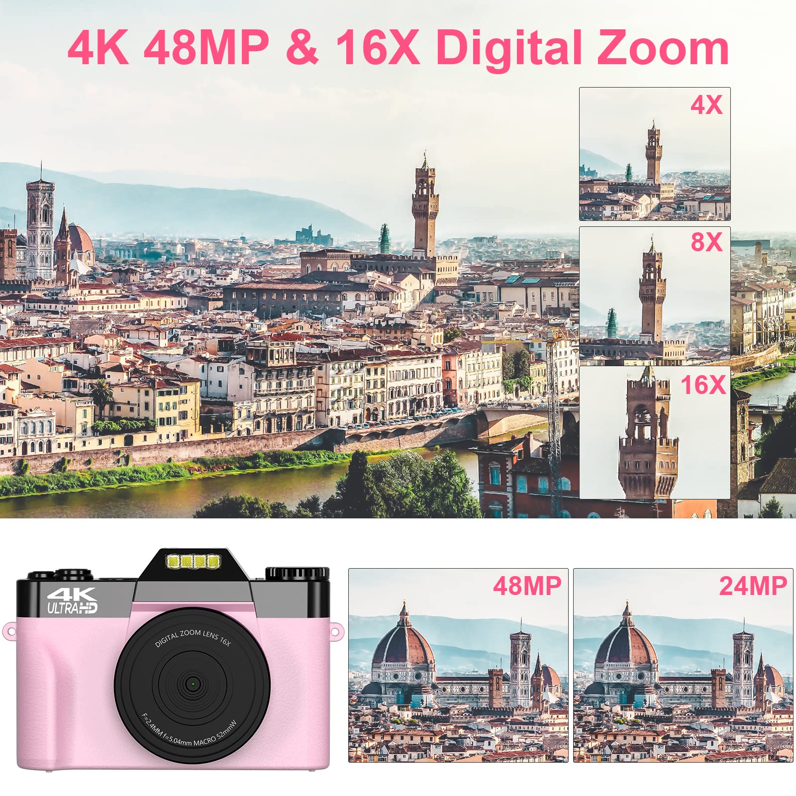 4K Digital Cameras for Photography 48MP Vlogging Camera 16X Digital Zoom Manual Focus Rechargeable Students Compact Camera with 52mm Wide-Angle & Macro Lens, 32G TF Card and 2 Batteries