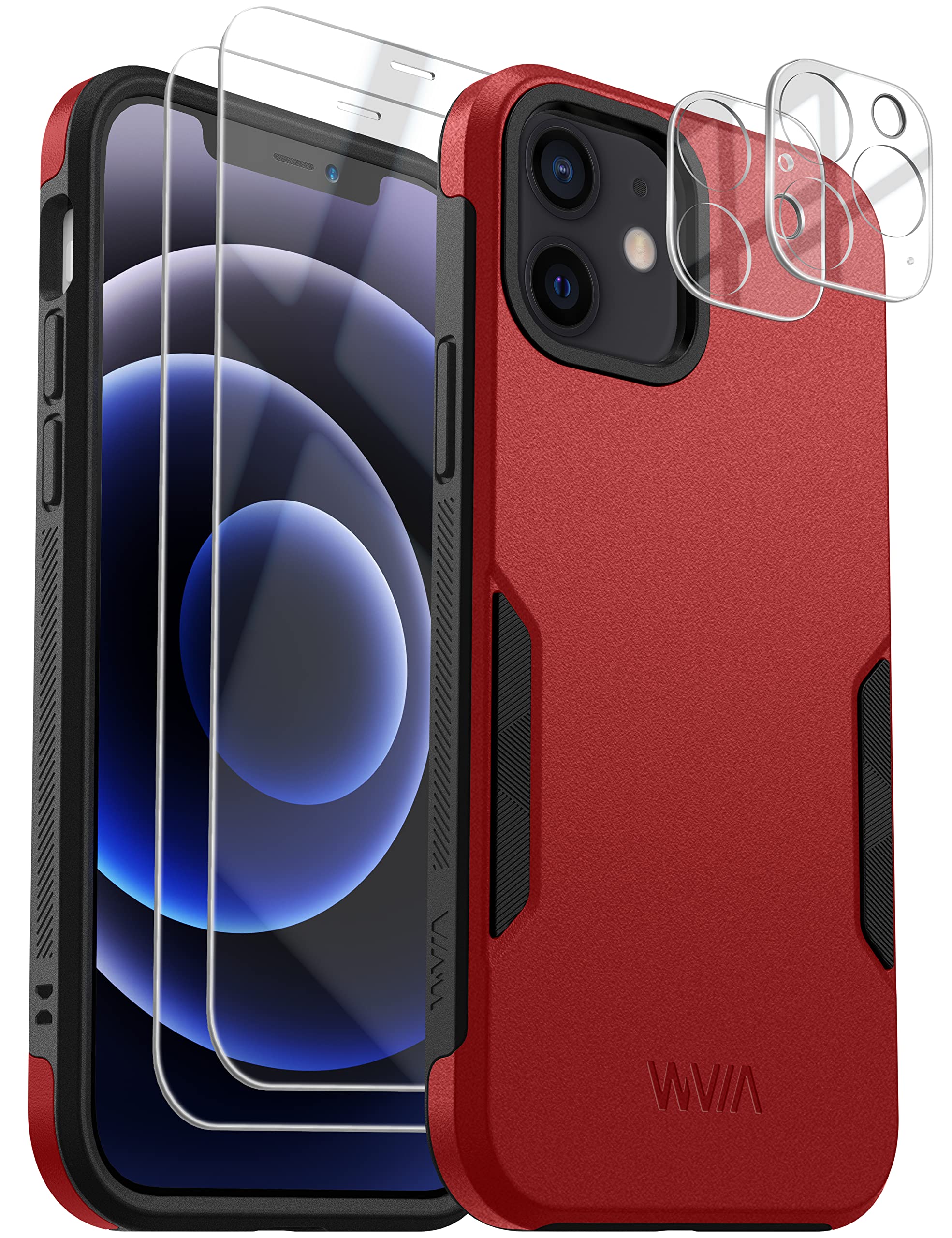 WVM for iPhone 12 case & iPhone 12 Pro Case with 2 Screen Protectors+2 Camera Lens Protectors, Protective Heavy Duty iPhone 12 Case 6.1 inch and iPhone 12 Pro Case 6.1 inch, Red