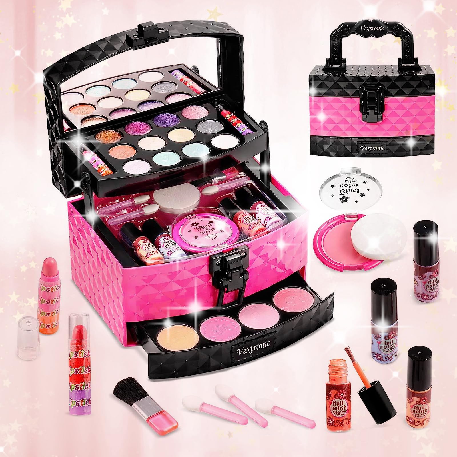 Vextronic Kids Makeup Kit for Girl, Washable Girls Makeup Kit, Non-Toxic Pretend Play Makeup for Toddlers Little Girls Age 3 4 5 6 7 8 9 10 11 12, Toddler Makeup Set Toy, Birthday Gifts Black Pink