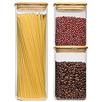 Glass Food Storage Containers Set, 3 Pcs Airtight Clear Food Jars with Bamboo Wooden Lids, Square Stackable Kitchen Canisters For Spaghetti Pasta, Spice, Sugar, Candy, Tea, and Coffee Beans