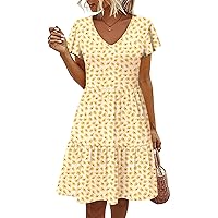HOTOUCH Women's Casual Tiered Dress with Pockets V Neck Ruffle Dress Cap Sleeve Swing Mini Dress A-Line Dresses
