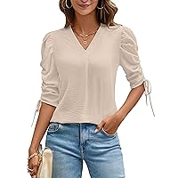 Blooming Jelly Womens Dressy Casual Blouses 3/4 Length Puff Sleeve Tops Business Casual Ladies V Neck T Shirts