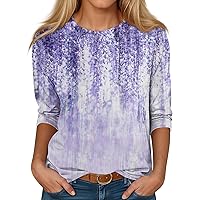 Blouses for Women Crewneck 3/4 Length Sleeve Womens Tops Spring Fashion Print Shirts Loose Fit Three Quarter Length Sleeve Blouses Women Tops and Blouses X-Large 12-Light Purple