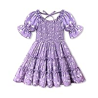 Toddler Girl Dress Square Neck Puff Sleeve A-Line Toddler Floral Dresses Summer Dresses for Toddler Girls 2-6T