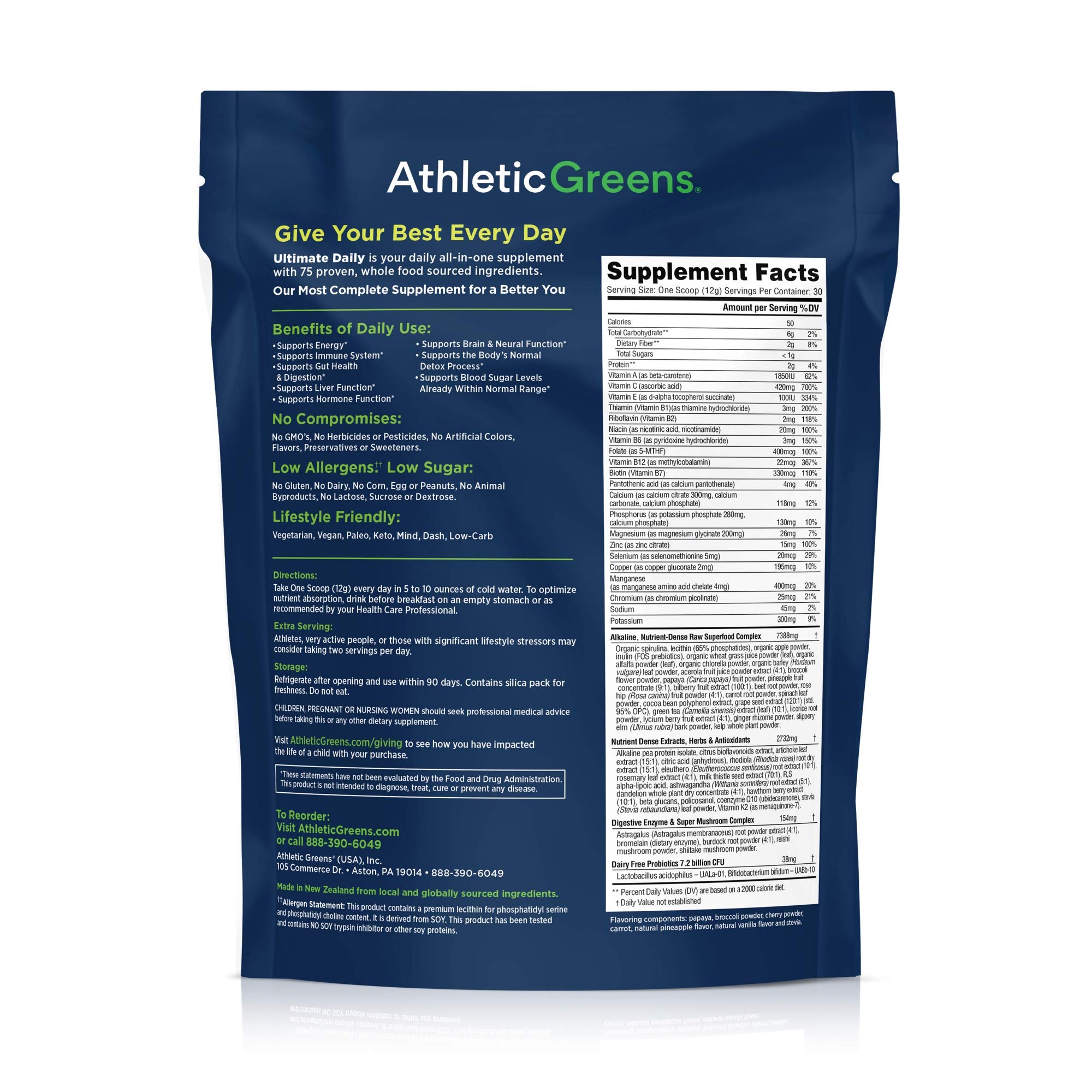 Athletic Greens Ultimate Daily, Whole Food Sourced All in One Greens Supplement Powder, NSF Certified, GlutenFree, Vegan and Keto Friendly, 30 Day Supply, 360 Grams (Athletic Greens Ultimate Daily)