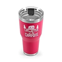 Camco Life is Better at The Campsite Tumbler | Heavy Duty Double Wall Vacuum Insulation | Crafted of 18/8 Stainless Steel | Unique “Life is Better at The Campsite” Design on Coral Pink | 30-oz (53062)