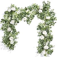 Der Rose 4 Pcs 13Ft Artificial Eucalyptus Flower Garland with Fake Silk Rose Flower Vine Seeded Eucalyptus Leaves Greenery Garland for Wedding Arch Table Wall Backdrop Party Room Decor (White)
