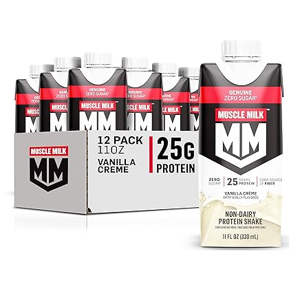 Muscle Milk Genuine Protein Shake, Vanilla Crème, 11 Fl Oz Carton, 12 Pack, 25g Protein, Zero Sugar, Calcium, Vitamins A, C & D, 5g Fiber, Energizing Snack, Workout Recovery, Packaging May Vary