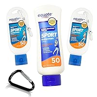 Equate Sport SPF 50 Premium Sunblock 3-Pack: 8oz full Sunscreen + 2pc 1.5oz Travel Size Protection with an Adam's Brand Durable Carabiner - For Complete Waterproof Sun Protection Wherever You Go